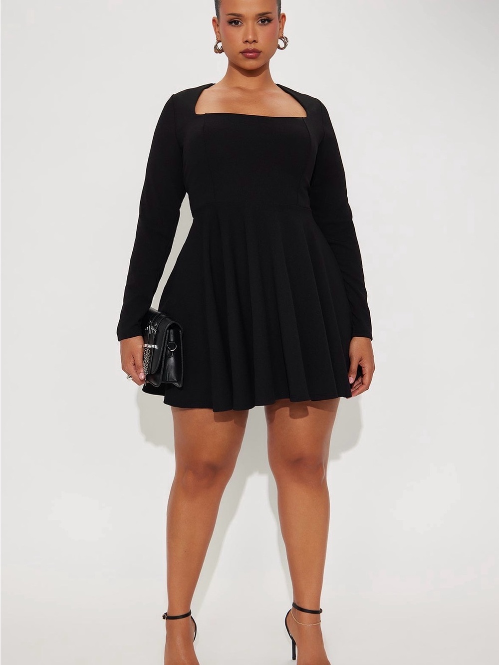 Fashion Nova Black Long-Sleeve Square Neck Pleated Mini